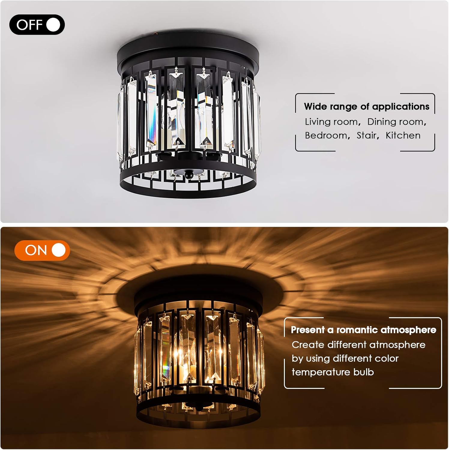 Larootsi Elegant Crystal Flush Mount Chandelier Fixture with K9 Crystal 3E12 Bulb Base Modern Close to Ceiling Light Fixture for Bar Kitchen Hallway Dining Room Living Room Black - - 