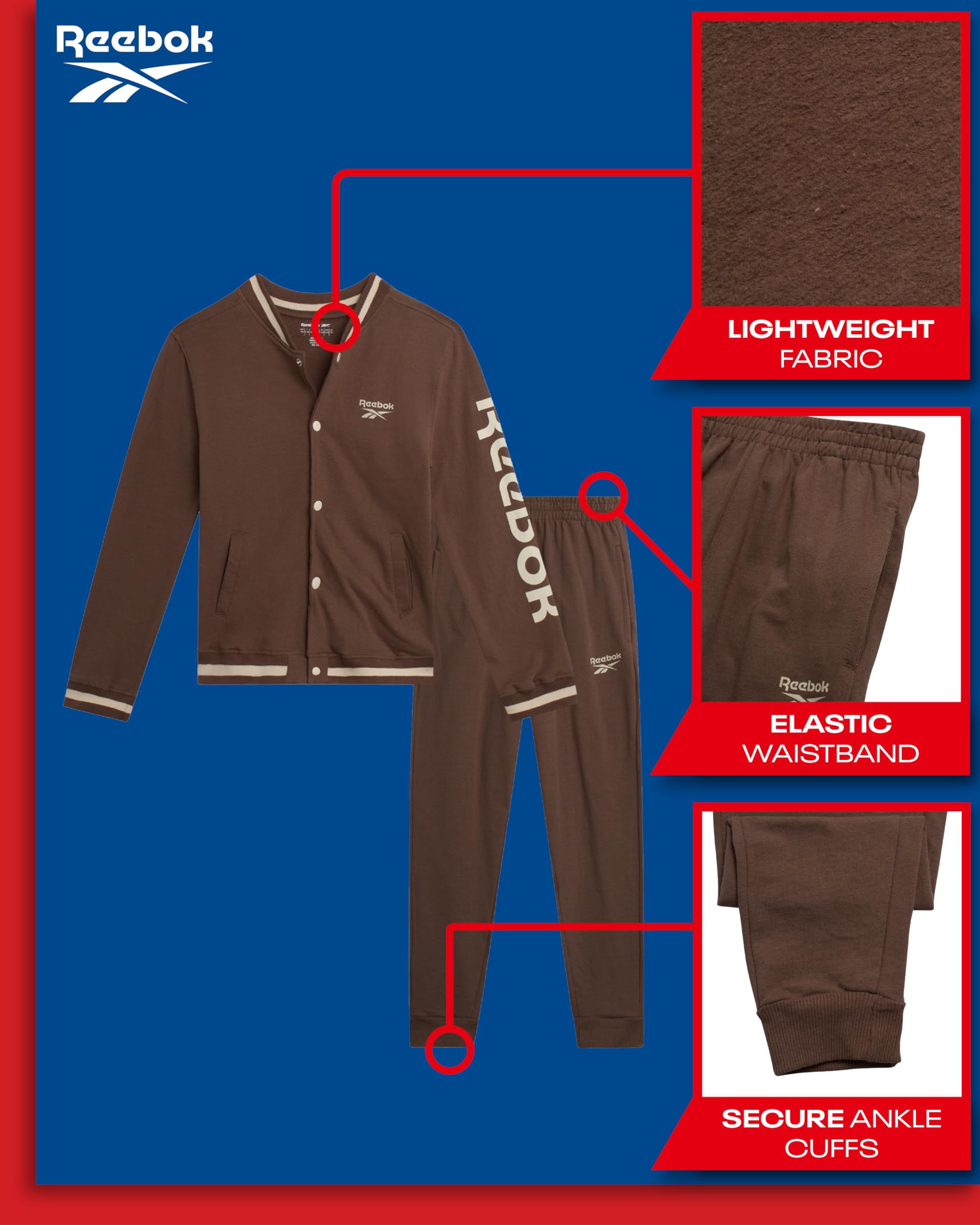 Reebok Set tuta sportiva da ragazzo, 2 pezzi, giacca Varsity e pantaloni della tuta da jogging per ragazzi (taglie: 8-12)