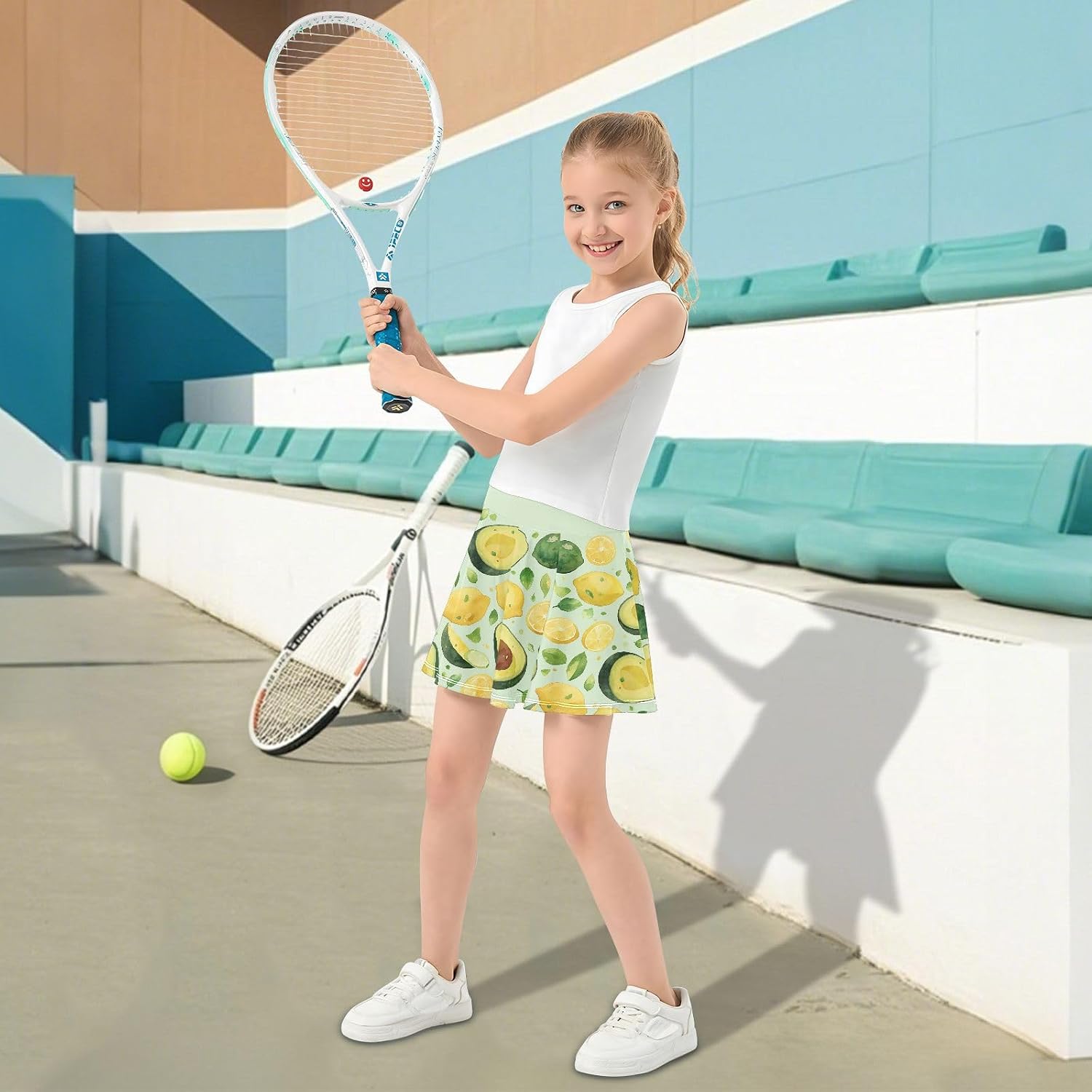 visesunny Green Avocado Lemon Girl's Golf Skirt Athletic Tennis Skort Sport Activewear with Double Layer Pockets