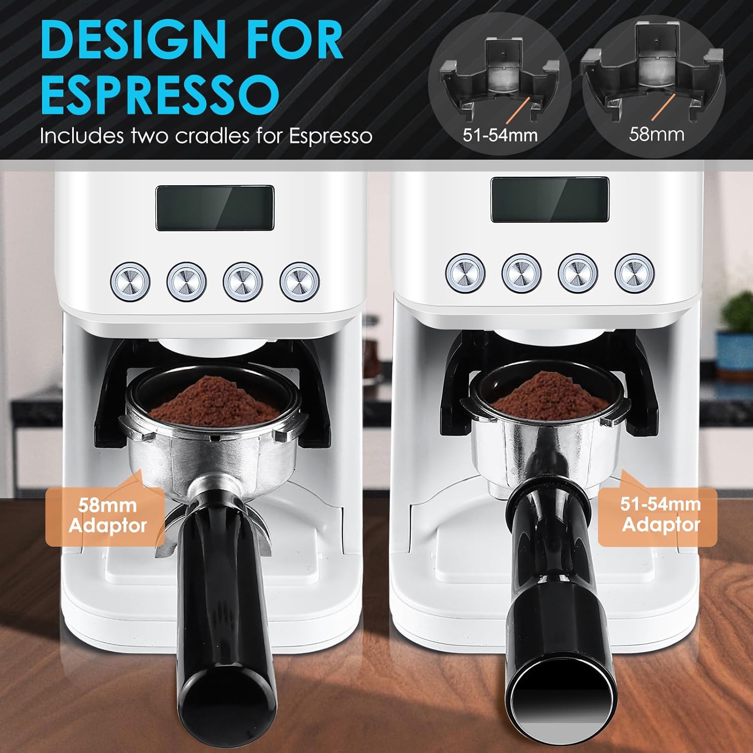 Grinder with 58mm and 51-54mm portafilter adaptors