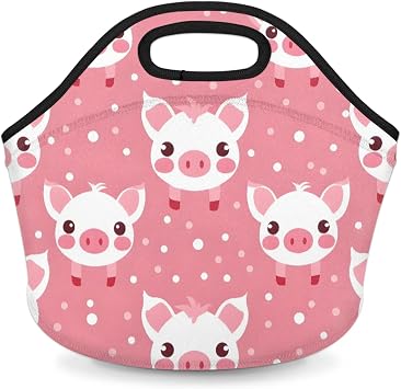 Piggy Pig Pink Reusable Neoprene Lunch Tote Bag for Women & Men - Lightweight Washable Lunch Bags for Work, Travel, Beach, Picnic