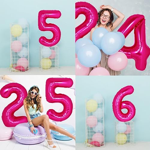 Miniatura 5 de Globo gigante de 40 pulgadas, color rosa intenso con el número 15, globos de aluminio de aluminio de Mylar con helio para fiestas de cumpleaños,
