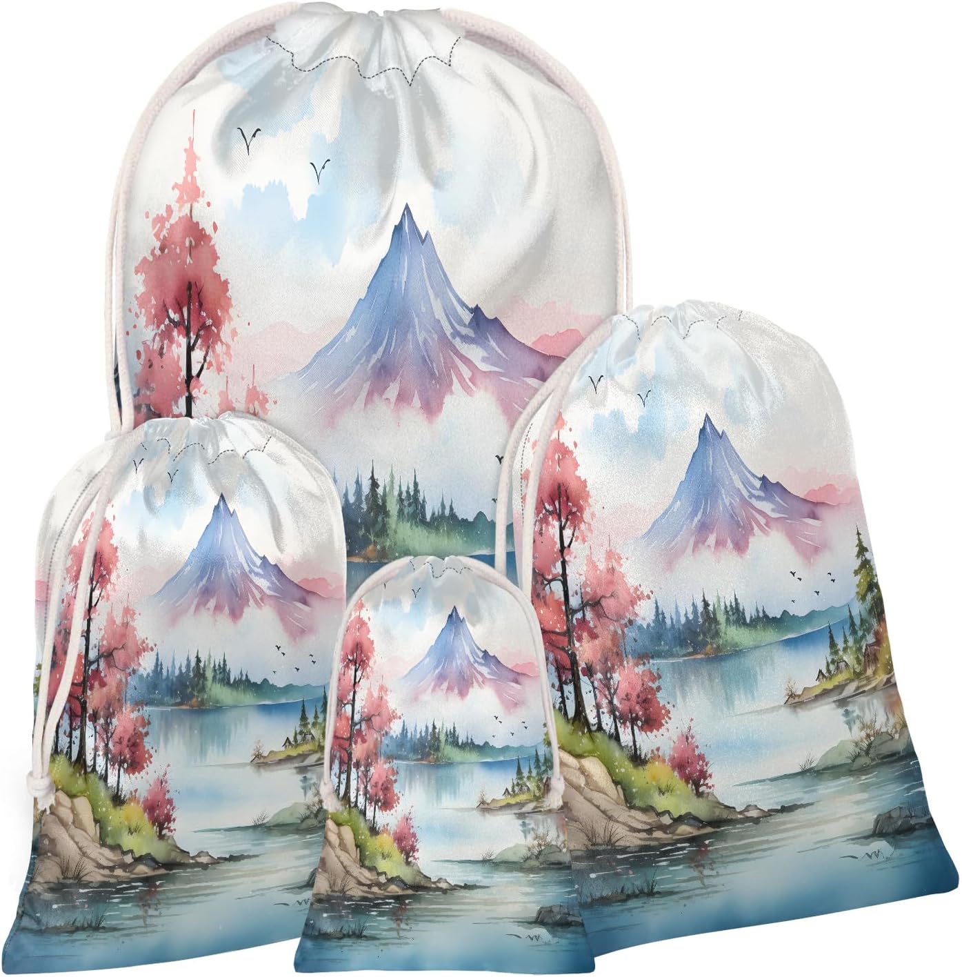 Aglebo Mountain Tree Lake Landscape Reusable Christmas Gift Bag Set with Drawstring 12" x 8" Xmas Treats Bags Funny Design for Party Birthday Xmas Presents Wrapping Bags (1 Pack)