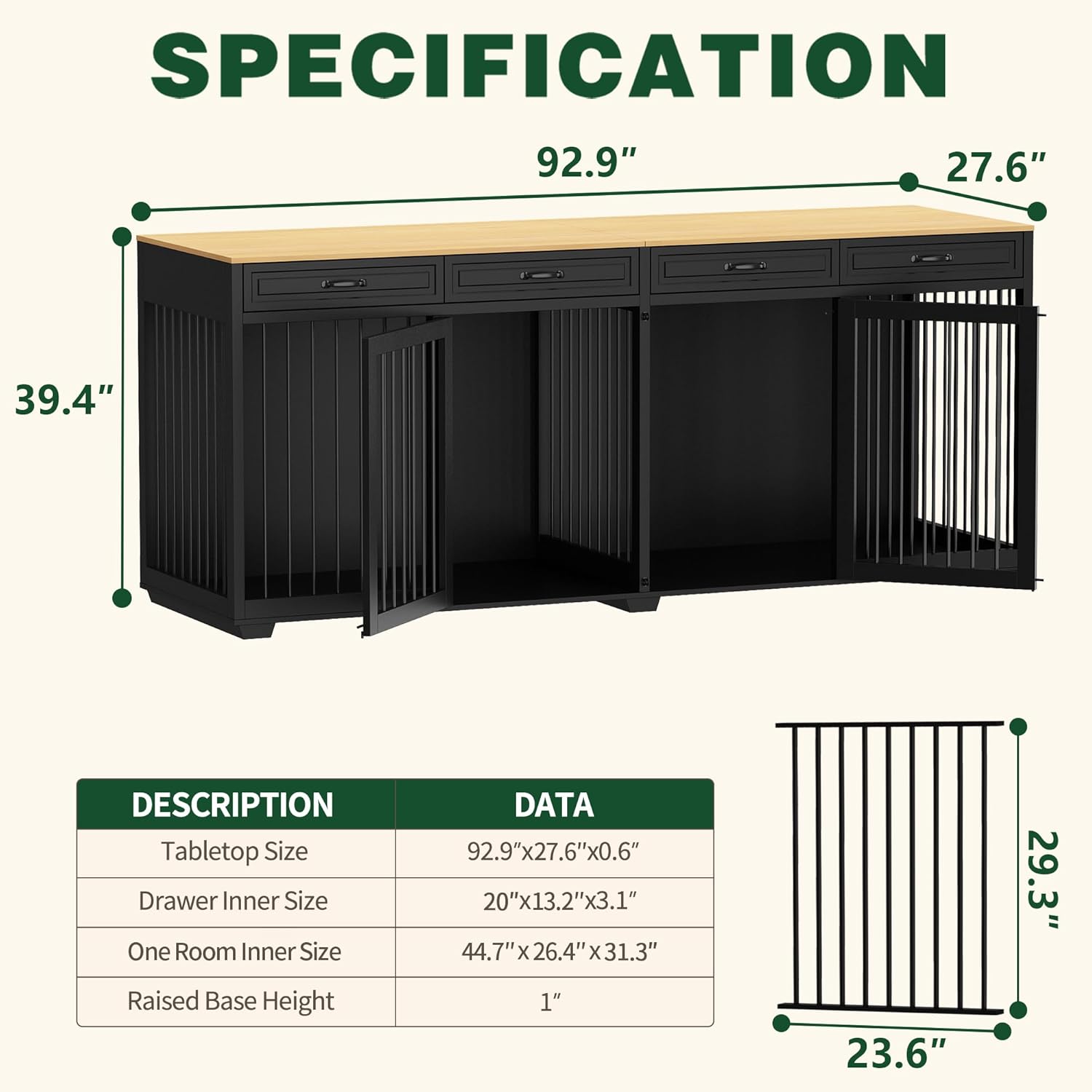 Extra Large Dog Crate Furniture, 93 Inch Heavy Duty Wooden Dog Kennel with Drawers & Removable Divider, Indoor Furniture Style Luxury Double Rooms Dog House for XL Large Dogs, Black