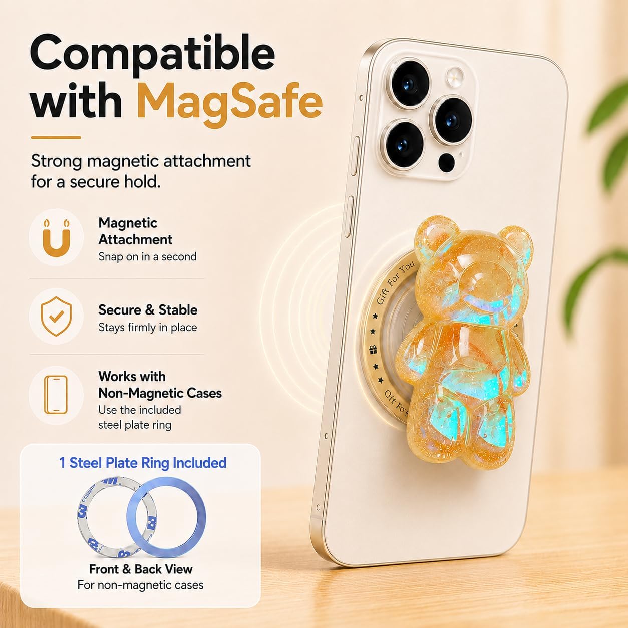 Magnetic 3D Bear Phone Grip Stand, MagSafe Compatible — Honey Gold image 4