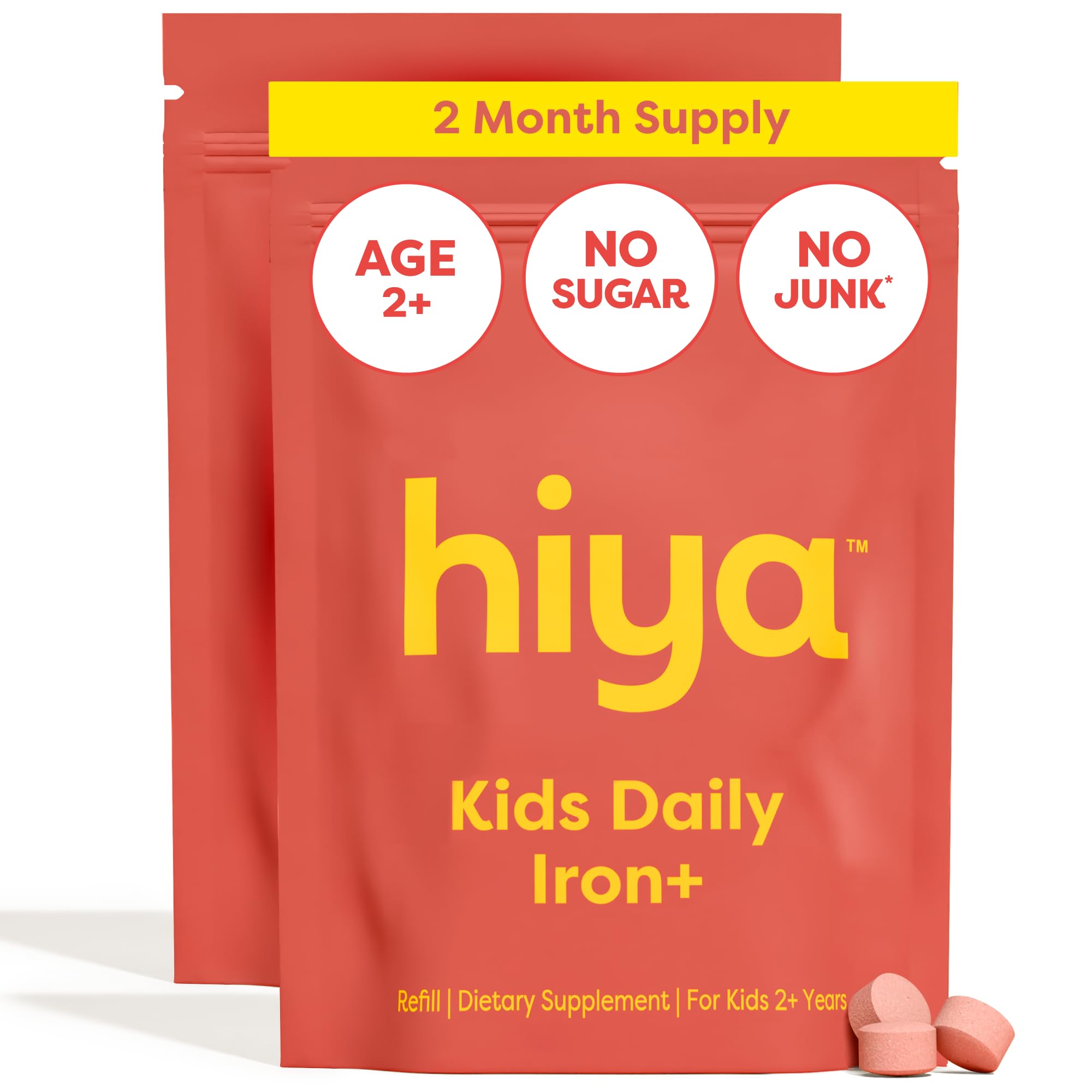 Hiya Iron+ Supplements for Kids, No Added Sugar, 60 Day Supply, Strawberry Strawberry 30 Count (Pack of 2)