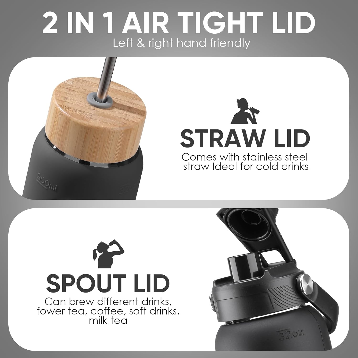 32 oz Glass Water Bottles With Two Lids Bamboo Straw Lid and Handle Spout Lid-1 Liter Glass Tumbler with Silicone Sleeve and Straw Leakproof BPA Free For Home Office Gym - Image 2