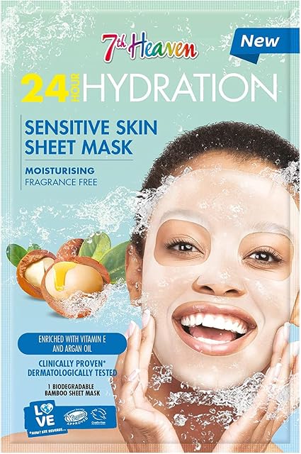 7th Heaven 24h Hydration Sheet Mask 16 g for Moisturising Fragrance Free Enriched with Vitamin E Clinically Proven Dermatologically Tested, Sensitive Skin, 1 Count
