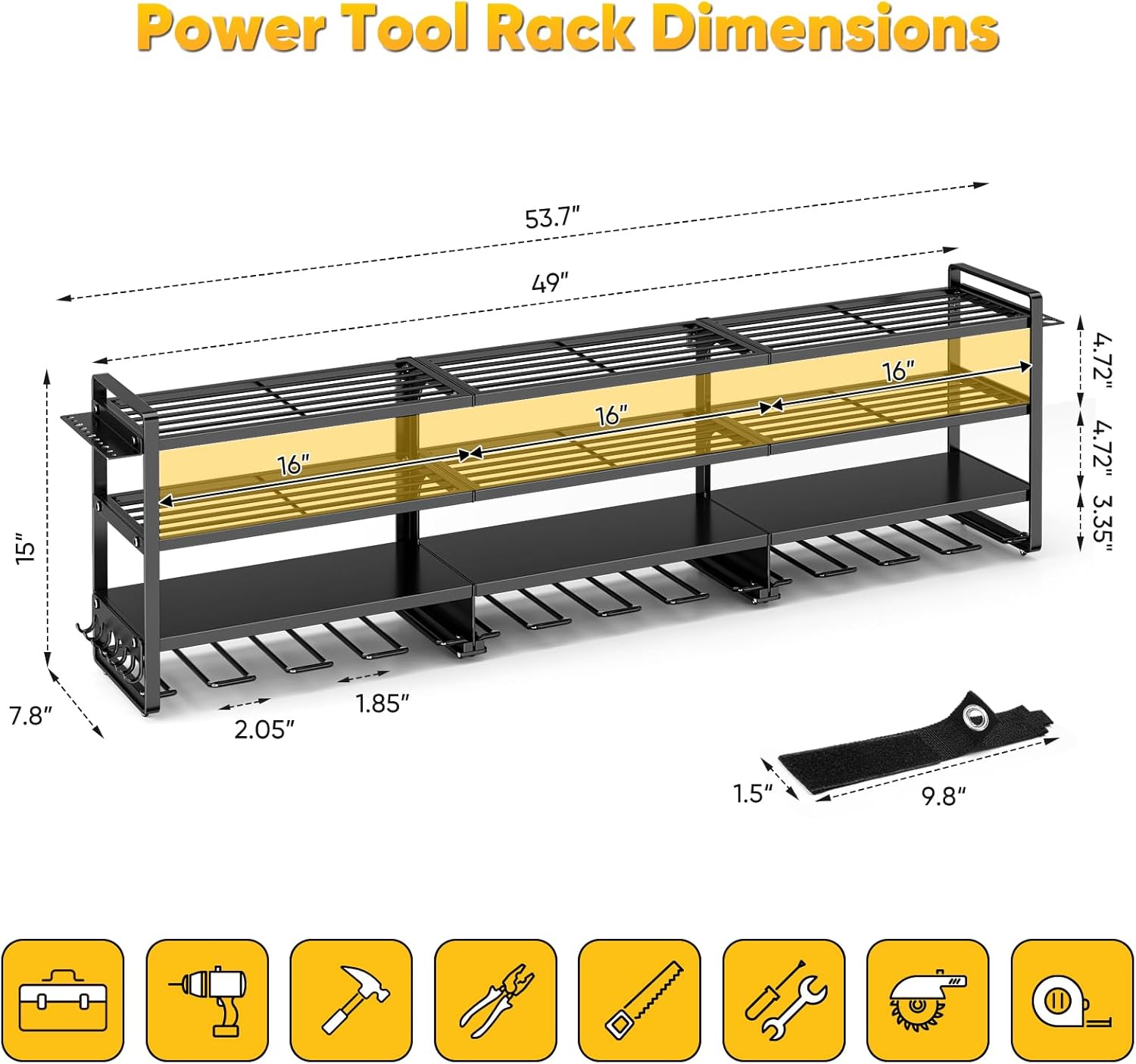 49" W Large Power Tool Organizer Wall Mount, 4 Layer Heavy Duty Loads 800 lbs, Tool Rack Holds 12 Cordless Drills, Large Capacity Battery Holder for Garage Storage, Christmas Gift for Men thumbnail