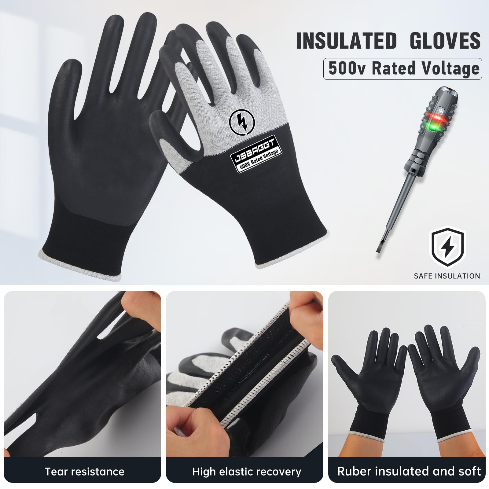 Elektrisch isolierte Handschuhe, 500 V, 1 Stück, Spannungswiderstand, Hochspannungs-Isolierung, feuerhemmend, rutschfester Gummigriff für elektrische Arbeiten (weiß und schwarz)