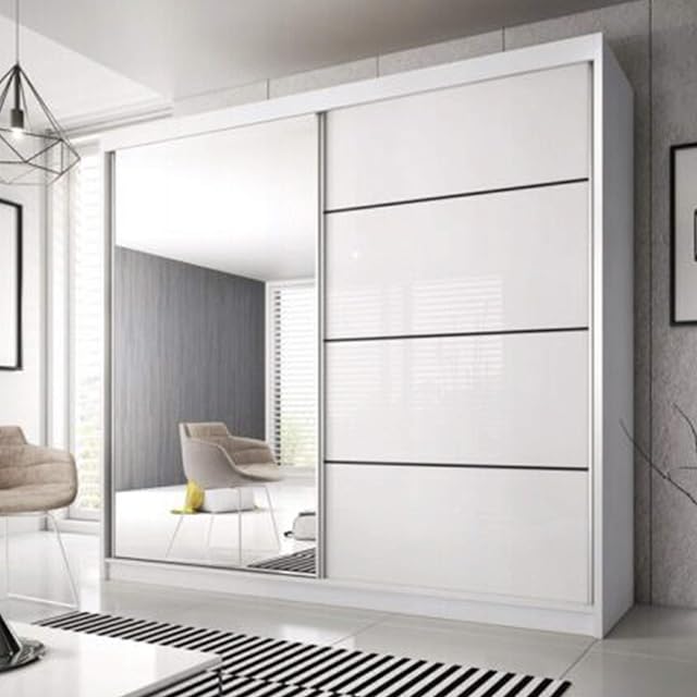 Modern Sliding Door Wardrobe with Built in Mirror for Bedroom or Living Room (233cm wide) - Matt White & Gloss White