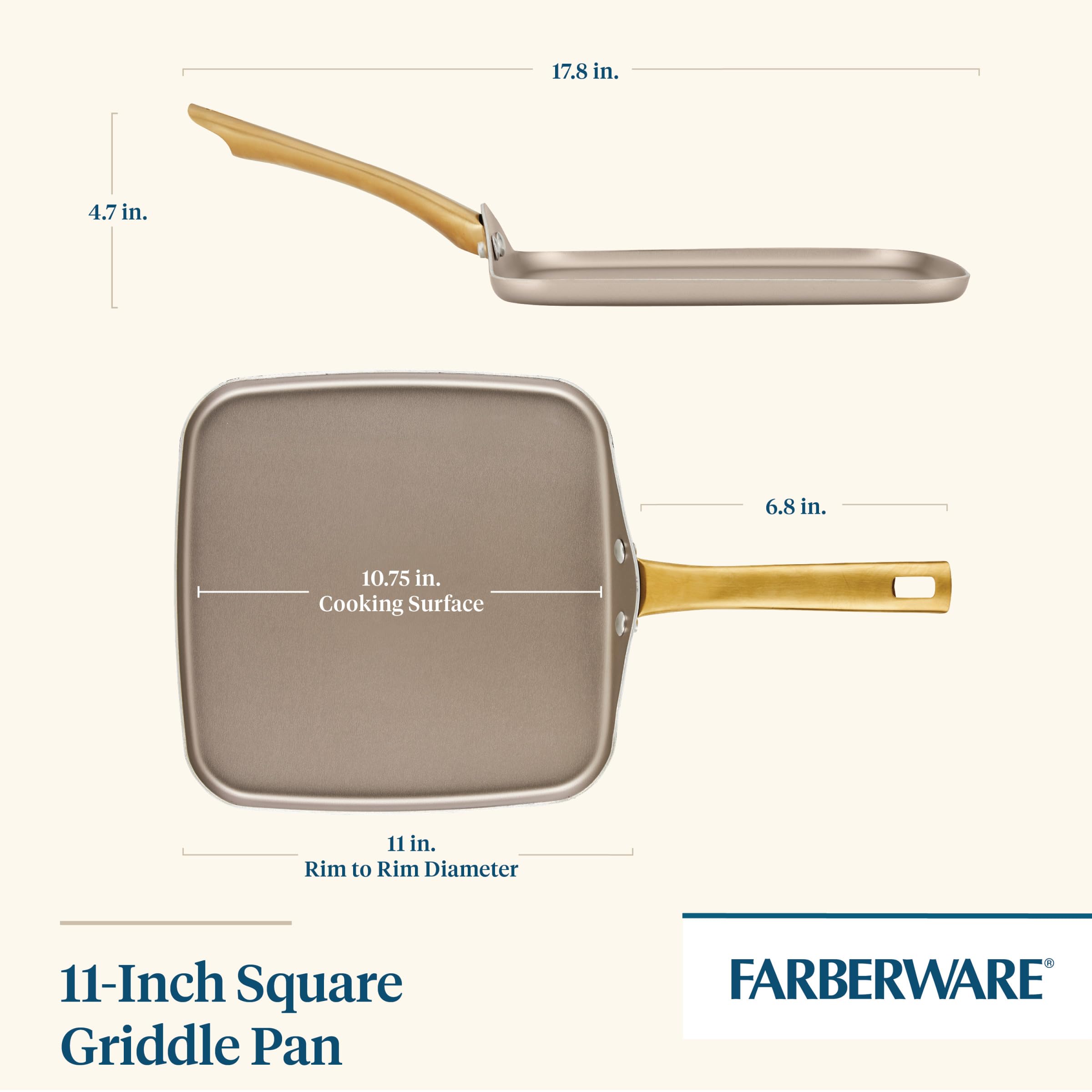 Farberware Radiant Nonstick Square Griddle Pan, Dishwasher Safe, 11 Inch - Champagne