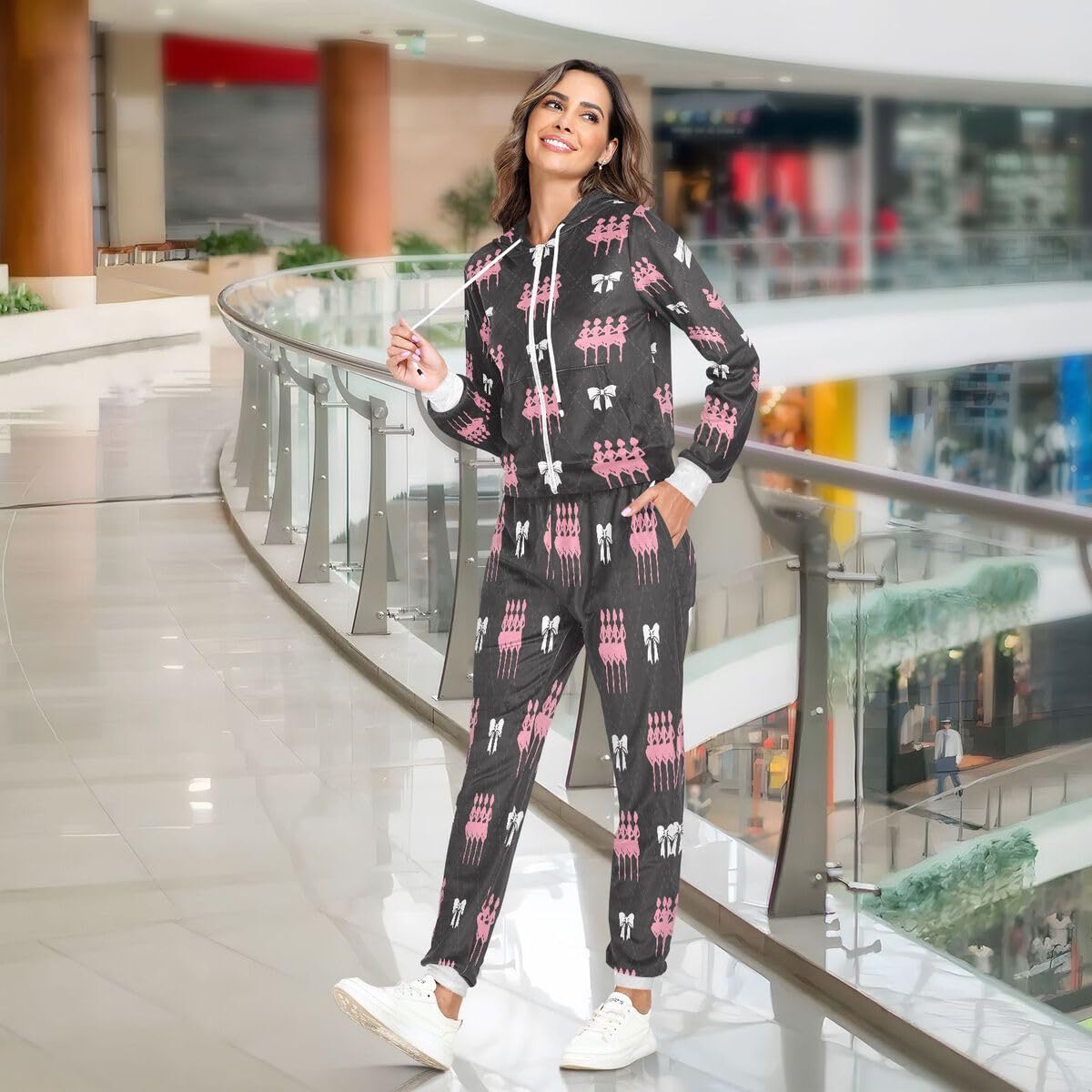 Conjunto deportivo de 2 piezas para mujer, conjunto deportivo de manga larga con lazo blanco