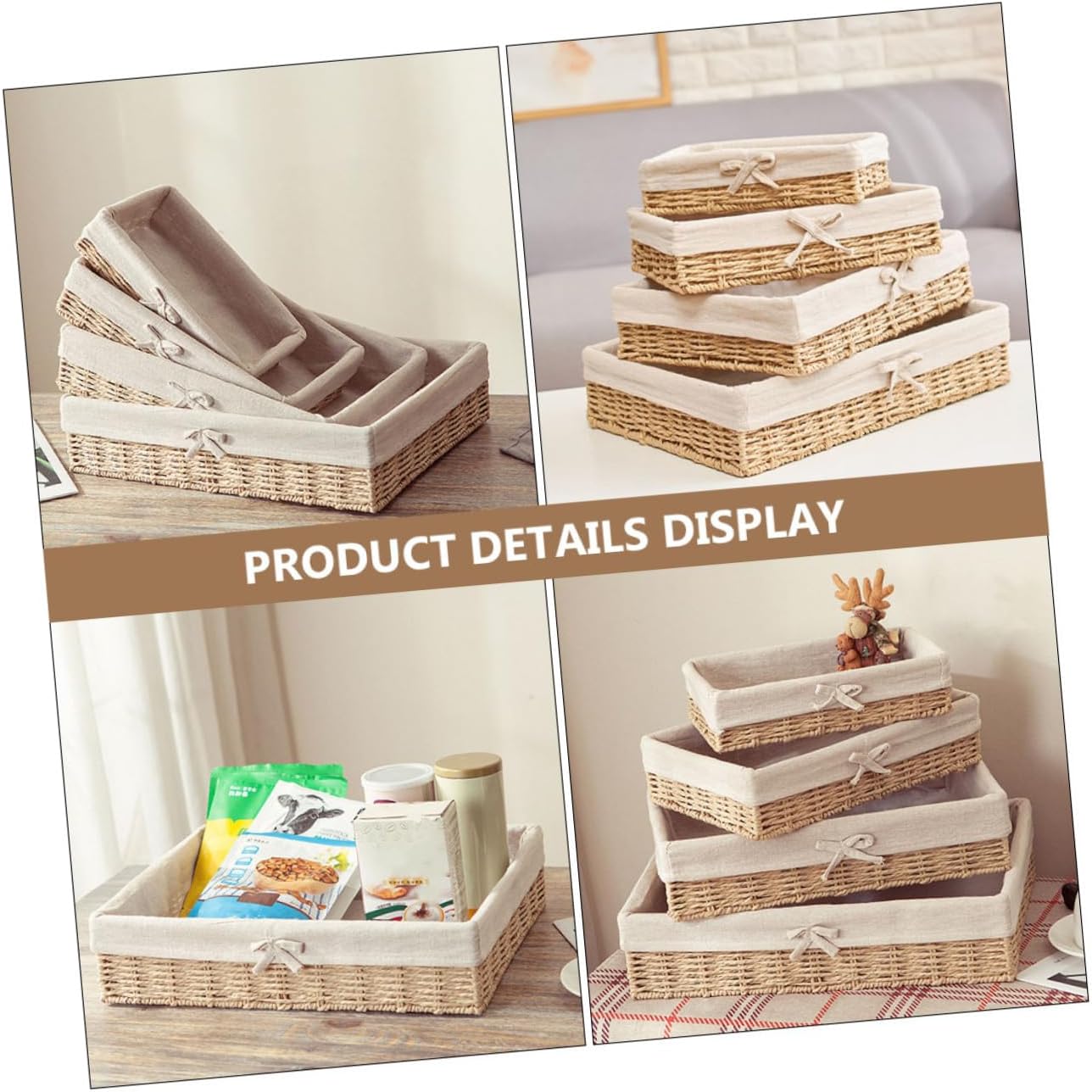 SOLUSTRE 4Pcs Straw Woven Storage Baskets for Makeup Snacks Versatile Organizer Boxes for Home Decor Kitchen Pantry Modern Design Easy to Classify and Keep Food