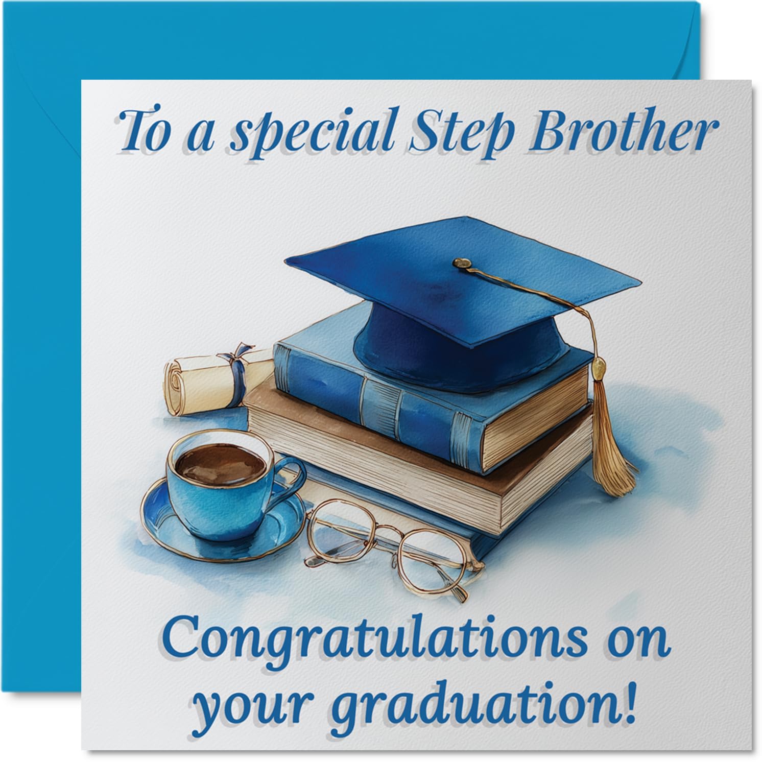 Proud Congratulations Card for Step Brother - Celebrating Your Big Achievement - Graduation Cap, Books and Coffee Cup Design - 145mm Square, Envelope Included
