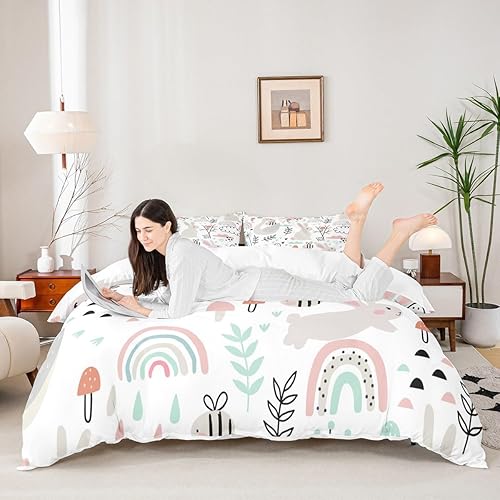 Vista 197 de Feelyou Funda de edredón de perro de dibujos animados, juego de ropa de cama para niños y niñas, perros y flores, funda de edredón con plantas Multi