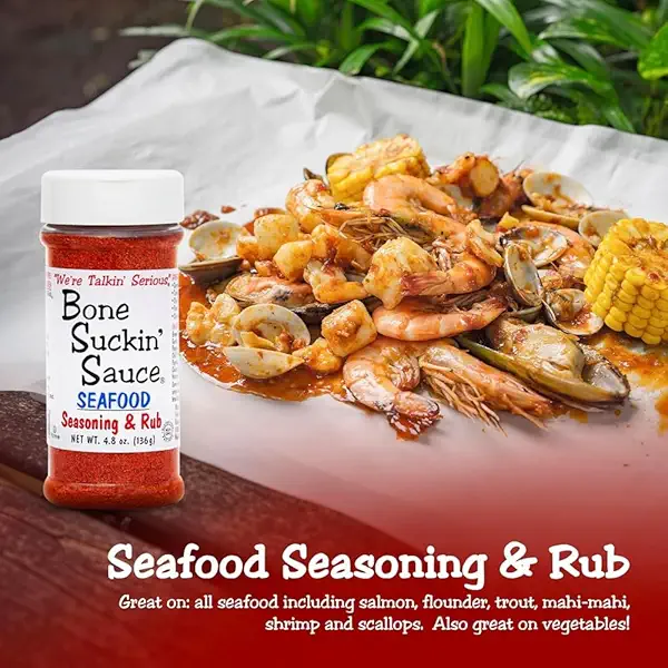 Bone Suckin' Seafood Seasoning & Rub, 4.8 Oz - For Frying, Grilling & Baking, Gluten-Free, Non-GMO, Kosher, Great on Shrimp, Salmon, Tuna, Tilapia, Pollock, Cod, Catfish, Clams, Crabs & More! Sugar Free & No Msg 6