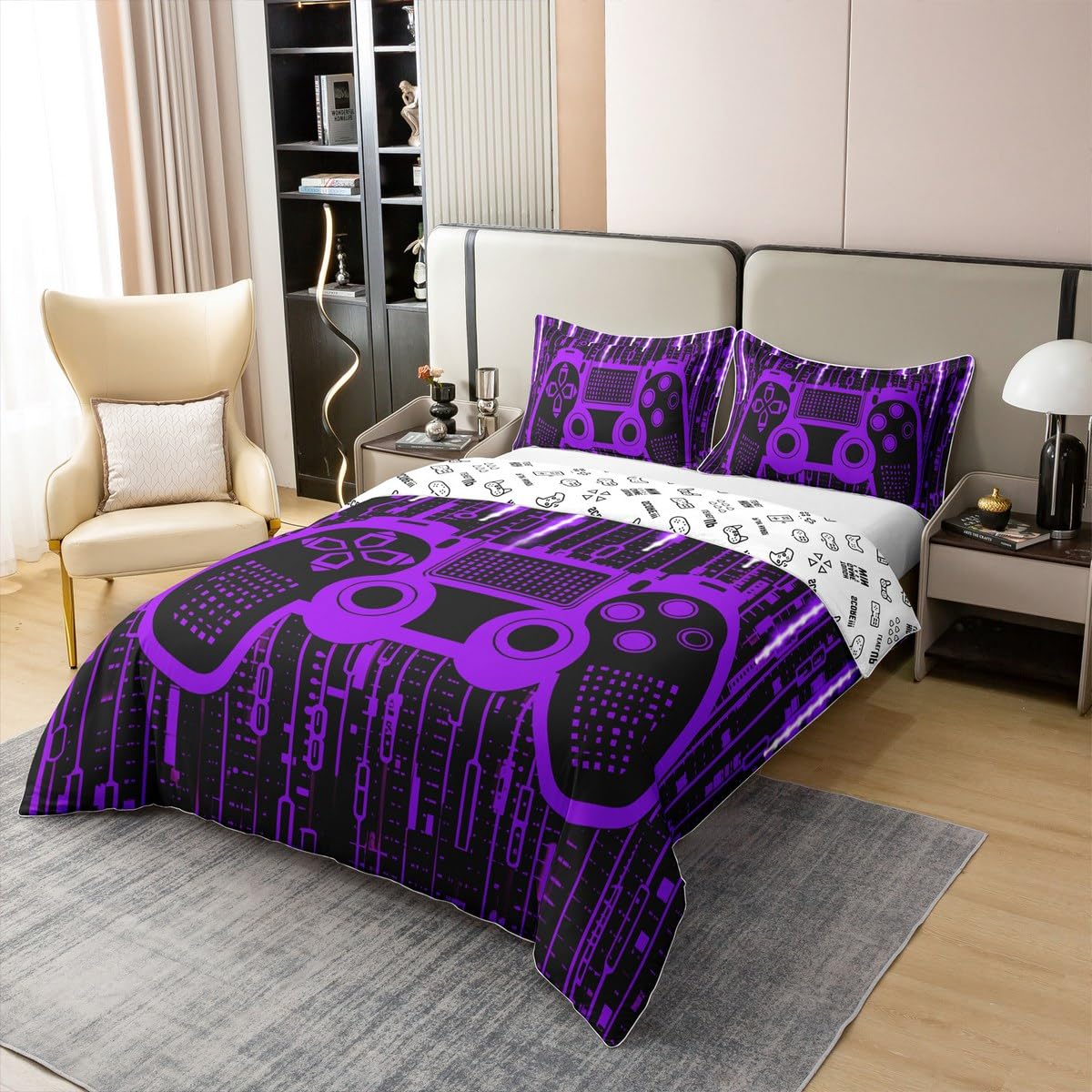 Homemissing Set di biancheria da letto per letto matrimoniale, motivo videogiochi, 100% cotone, per bambini, set di biancheria da letto per bambini, decorazione per la stanza dei giochi, copripiumino