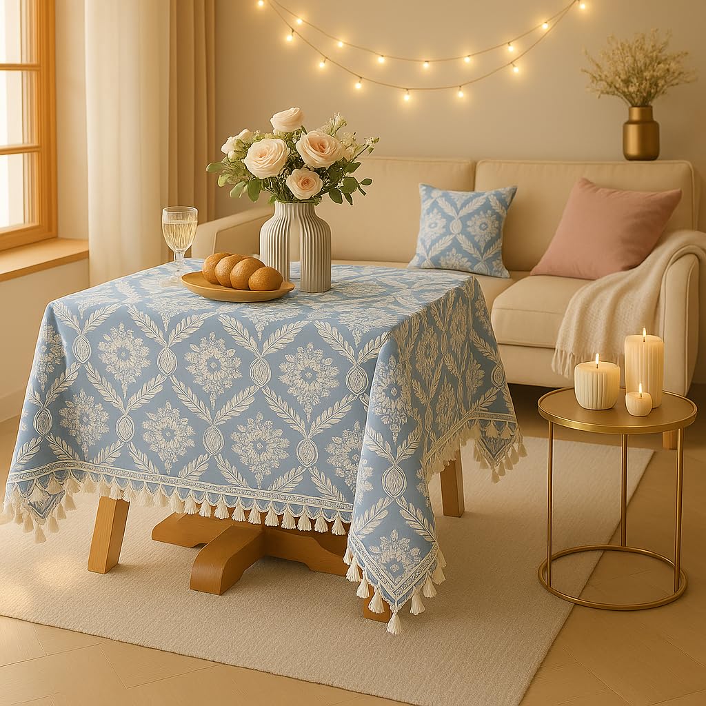 WWW.THROWPILLOW.IN Powder Blue Floral Tassel Boho Printed Dining Table Cover Rectangle Shape 52"x 120", Anti Skid Table Cloth for 7 Feet Center Coffee Table Cover|Living Room Diwali Decor 1