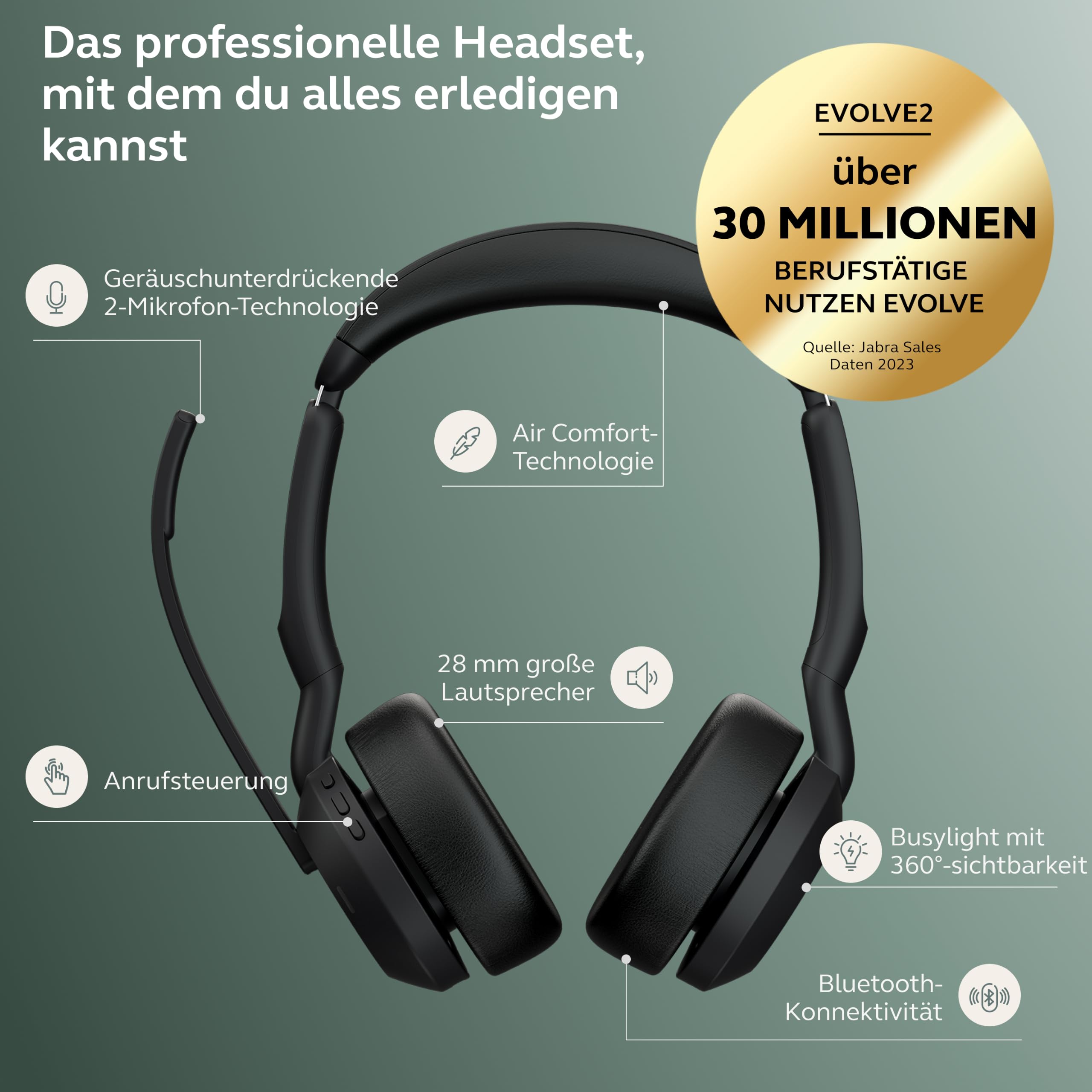Jabra Evolve2 55 - schnurloses Stereo-Headset Air Comfort - Mikrofone mit Geräuschunterdrückung und ANC - für MS Teams Zertifiziert, mit Anderen Plattformen kompatibel - Schwarz