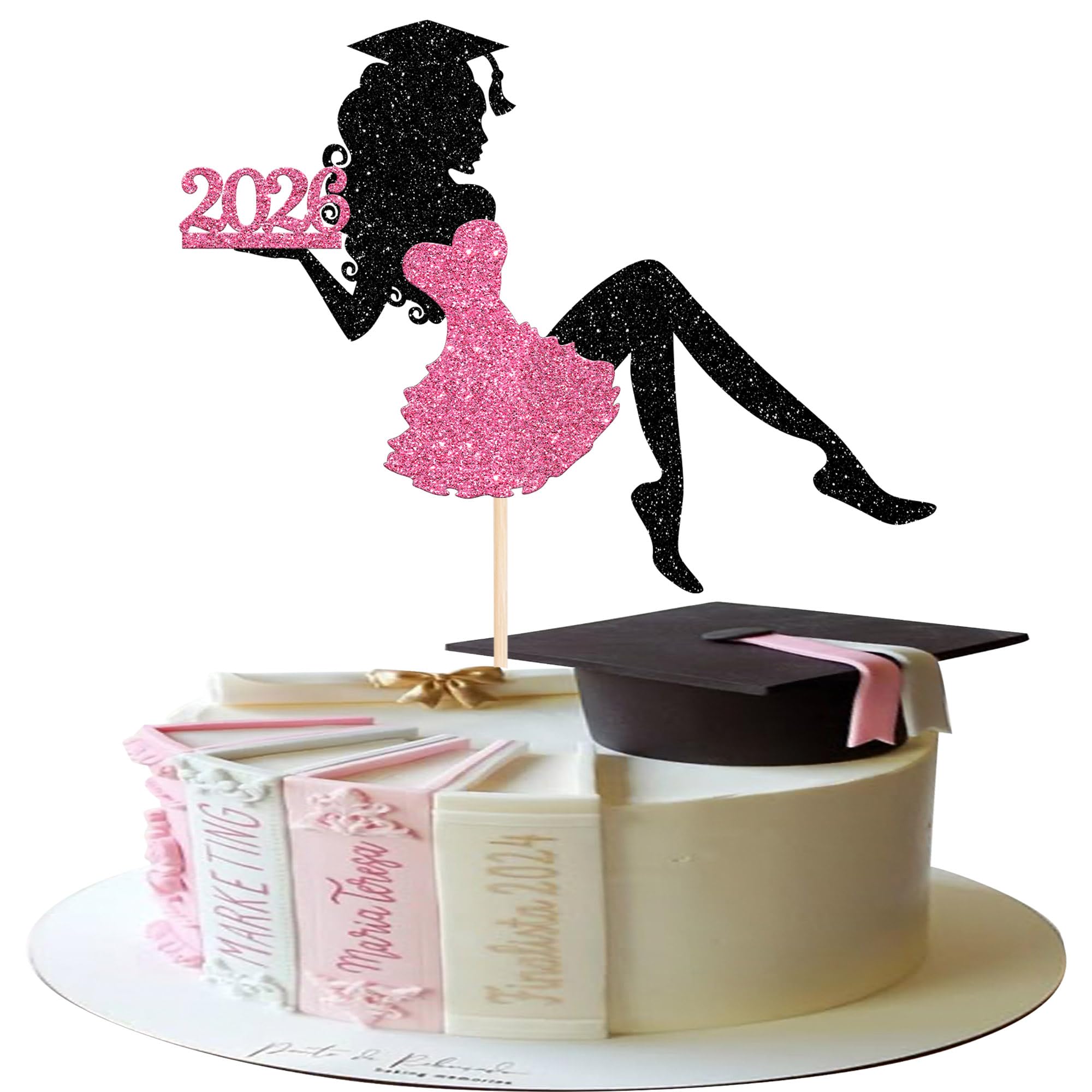 1 Stück Mädchen Abschluss Tortendeko Glitzer Grad Cap Diploma Kuchen Deko 2026 Senior Graduation Cake Pick für 2026 Mädchen Schule Abschluss Theme Party Kuchen Dekoration Cake Pick Rosa