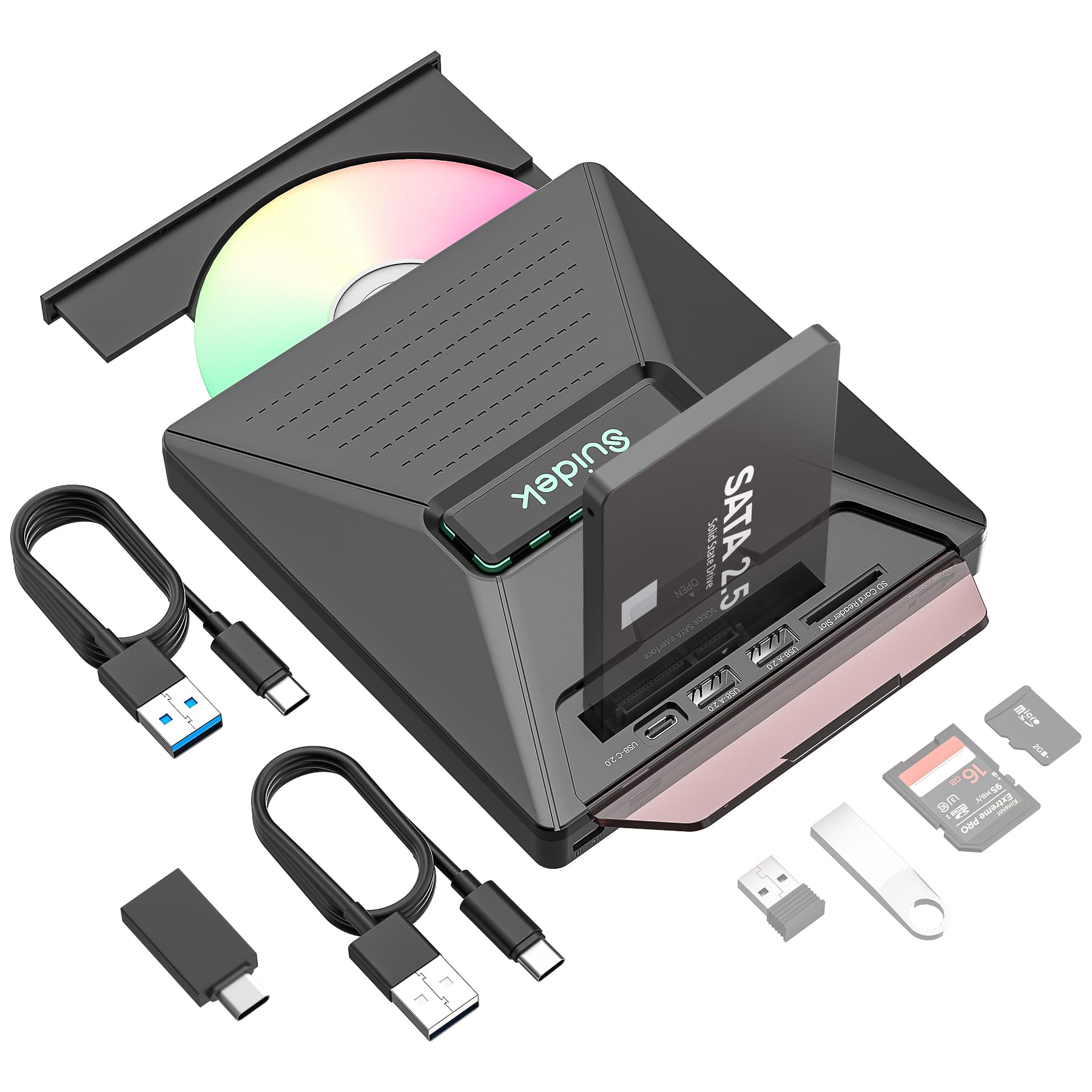 SUIDEK CD DVD Drive External Portable CD DVD Driver -RW Burner with 2 5 SATA SD Card Reader
