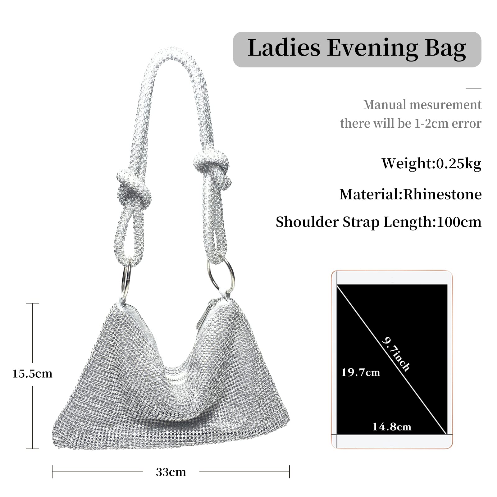 CORIOS Abendtasche Damen Shiny Strass Handtasche Glitzer Umhängetasche Diamant Clutch Bag Klein Tasche Strasssteine Schultertasche für Hochzeit Abschlussball Bankett-Party Silber