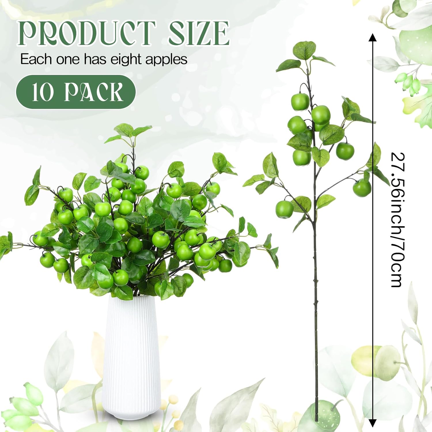 10 Pcs 27.56 Inches Artificial Fake Apple Branches Realistic Tall Apple Bouquets Tree Branch with Long Stem and Green Leaves Fruit Plant for Home Office Vase Filler Shop Decoration