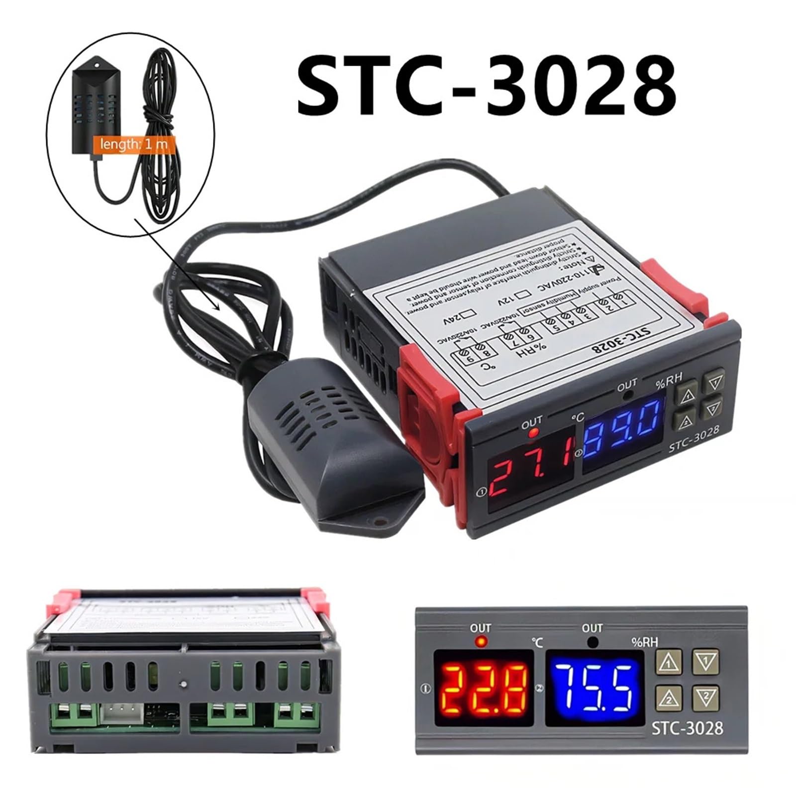 Doppio termostato Digitale Controllo umidità Temperatura STC-3028 Termometro Igrometro Regolatore incubatrice AC 220V DC 12V 24V (Color : Only Test Probe)