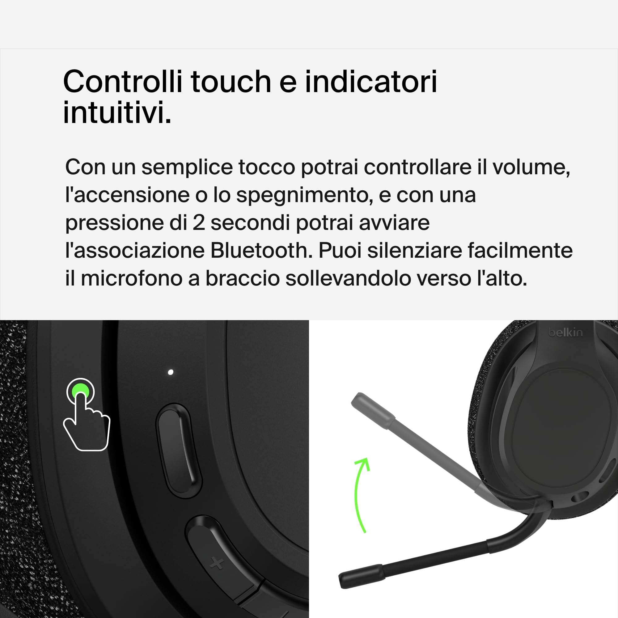 Belkin SoundForm Adapt Cuffie Bluetooth Over-Ear con Microfono a Braccio, Bluetooth Multipoint, Cuffie Wireless ENC, Durata Batteria di 65 Ore, Ricarica Rapida con USB C, Nero