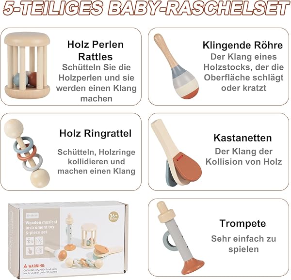 5pcs Montessori Holz Baby Rassel - Musik Holz Spielzeug, Montessori Sensorik Spielzeug, musikinstrumente Geschenk für Jungen und Mädchen, Geburtstagsgeschenk für Kinder und Toddler (Farbe 3) - 3
