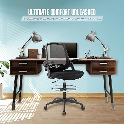 Miniatura 3 de Silla de dibujo alta silla de oficina ergonómica de pie silla de escritorio de altura ajustable con brazos de apoyo lumbar, reposapiés, respaldo