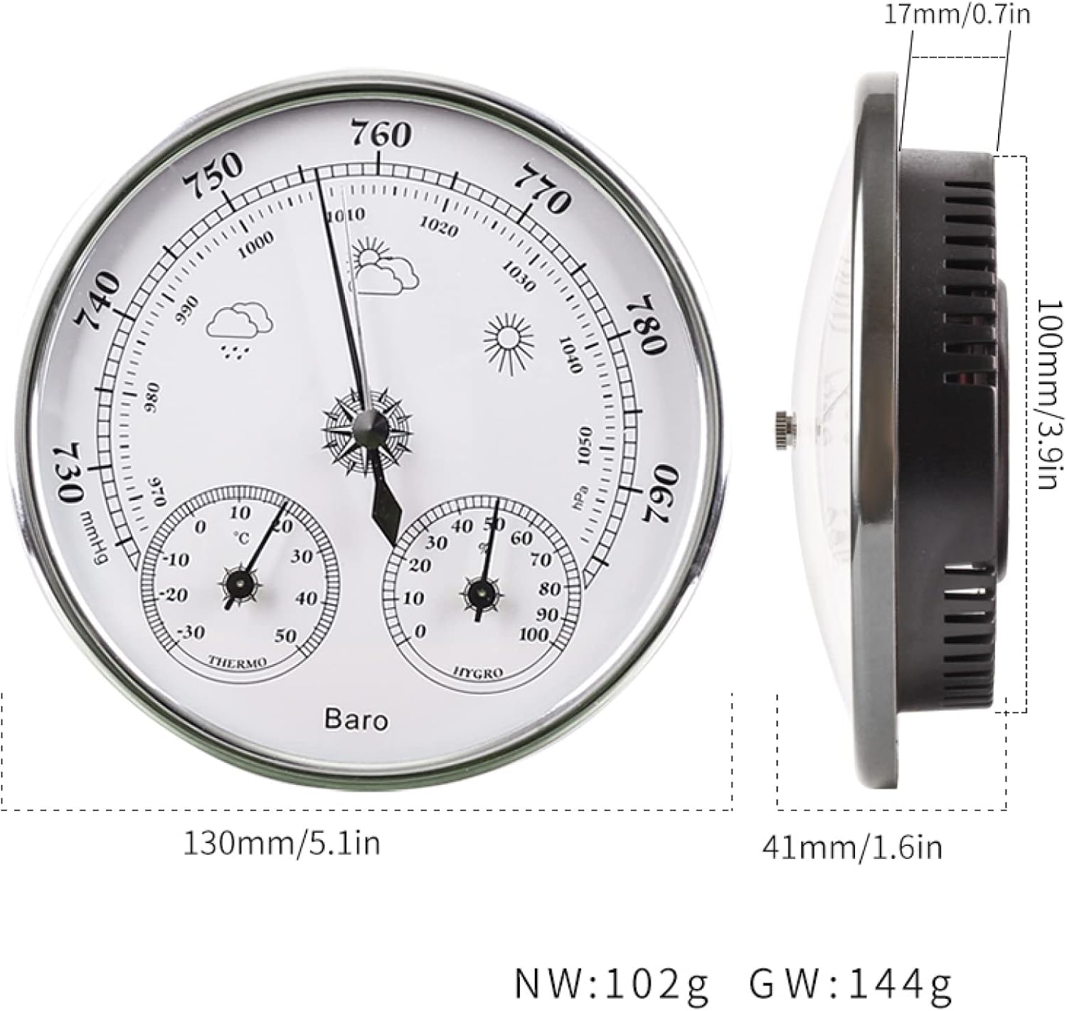 3 in 1 Barometer Wall Hanging Barometer Quality Precision Aneroid 128mm 3 in 1 Barometer with Thermometer and Hygrometer Humidity Silver Outdoor Fishing,Silver