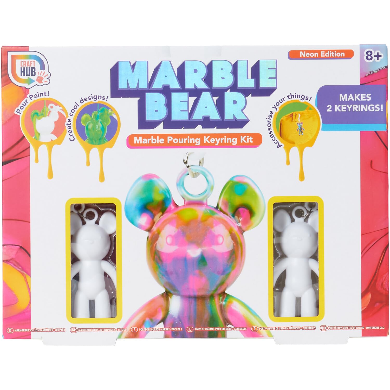 MinLab Craft Hub Marble Bear Series 1 Marble Pouring Keyring Kit, Design and Paint Your Own Bear (Neon)