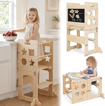 4-in-1 Wooden Toddler Standing Tower, Foldable Kitchen Tower Helper Stool | Stable A-Frame with Safety Rails Folds into a Seated Activity Setup with a Blackboard; Supports up to 150 lb for Ages 1+