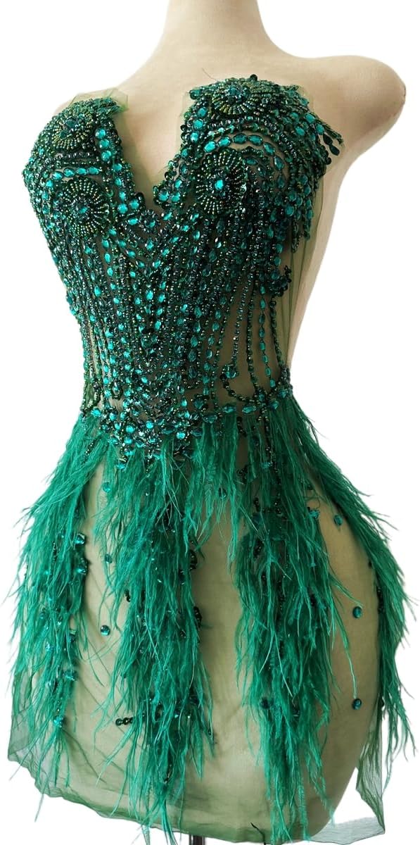 Zbroh Beautiful Ostrich fur decoration large full bodice applique pure handsewing rhinestones beads lace trim patches