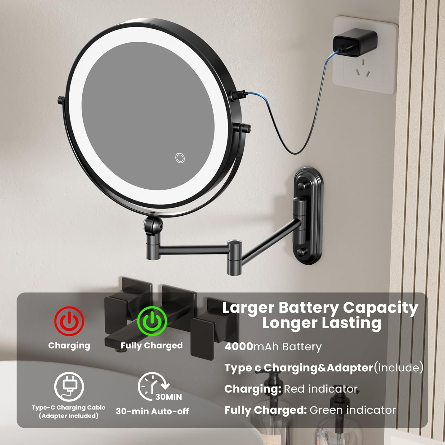 9" Wall Mounted LED Lighted Makeup Vanity Mirror - 4000mAh Rechargeable Double Sided 1X/30X Magnifying Mirror, 3 Color Lights Touch Dimmable, Height Adjustable Extended Arm 360° Swivel Bathroom Mirror