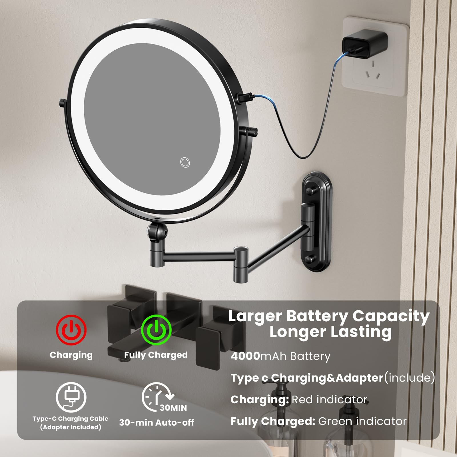 Espejo iluminado de maquillaje montado en la pared de 9 pulgadas, recargable de 4000 mAh, espejo de tocador LED de doble cara con altura ajustable y aumento de 1X/10X, 3 luces de color, pantalla