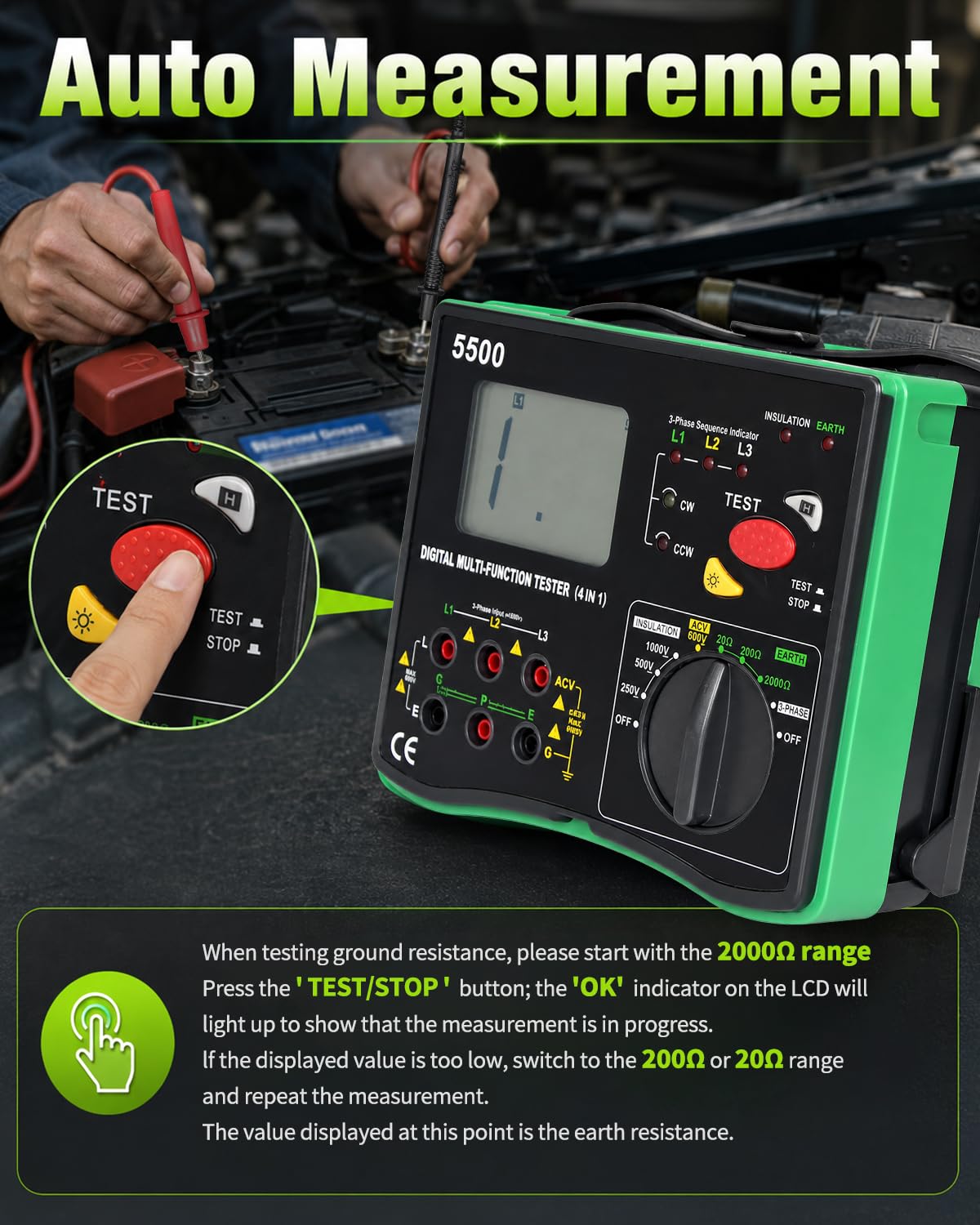 Misuratore di Resistenza Terra, 20GΩ Megohmetro Voltmetro Rilevatore di Sequenza Fase 4in1 Multimetro, Earth Insulation Resistance Tester Tensione CA 600V per Motori/Cavi/Trasformatori/Condensatori