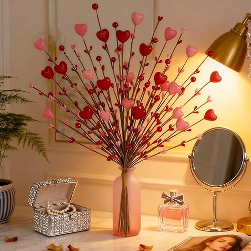 Miniatura 8 de Regalos para el día de San Valentín, paquete de 6 selecciones del día de San Valentín, tallos de bayas con corazones rosados para decoración,