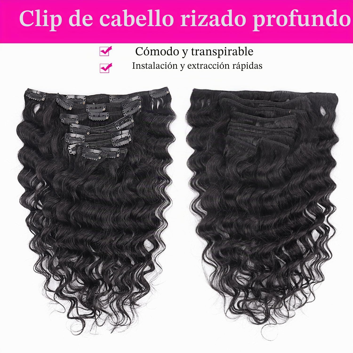 Extensiones de Clip Rizadas Profundas Cabello Humano 55cm 8PCS 120g Negro Natural Extensiones de Cabello Humano Extensiones de Clip para Mujeres