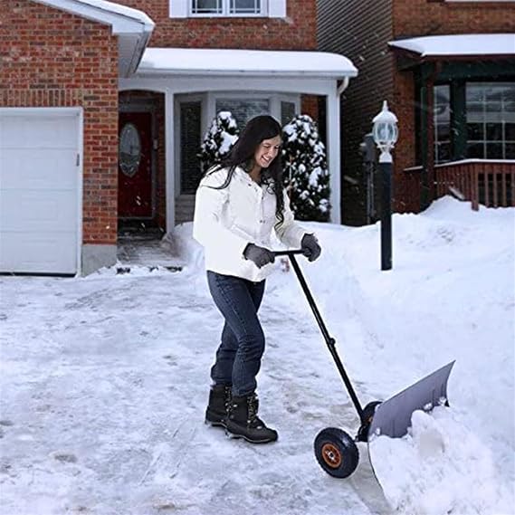 Snow Pusher Shovel, Rolling Snow Pusher with 10-Inch Wheels, 29x19 Snow Shovel with Adjustable Handle, Hand Push Pavement Snow Removal Tool For Cleaning Lanes Roads Sidewalks