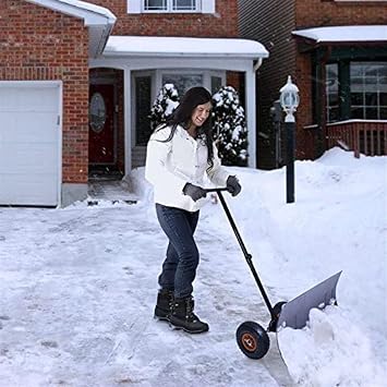 Snow Pusher Shovel, Rolling Snow Pusher with 10-Inch Wheels, 29x19 Snow Shovel with Adjustable Handle, Hand Push Pavement Snow Removal Tool For Cleaning Lanes Roads Sidewalks