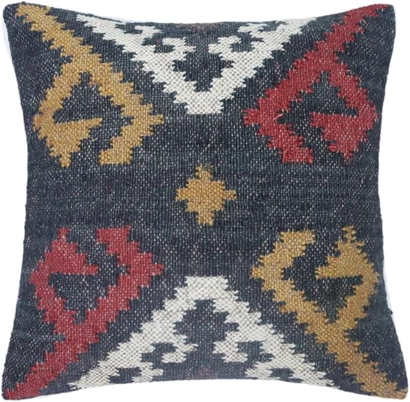 Boho Throw Pillow Covers Set of 4 | Handcrafted Kilim Wool & Jute Cushion Covers | 18x18 Inch Ethnic Decorative Pillowcases for Sofa, Couch, Bedroom & Living Room – Pattern 12