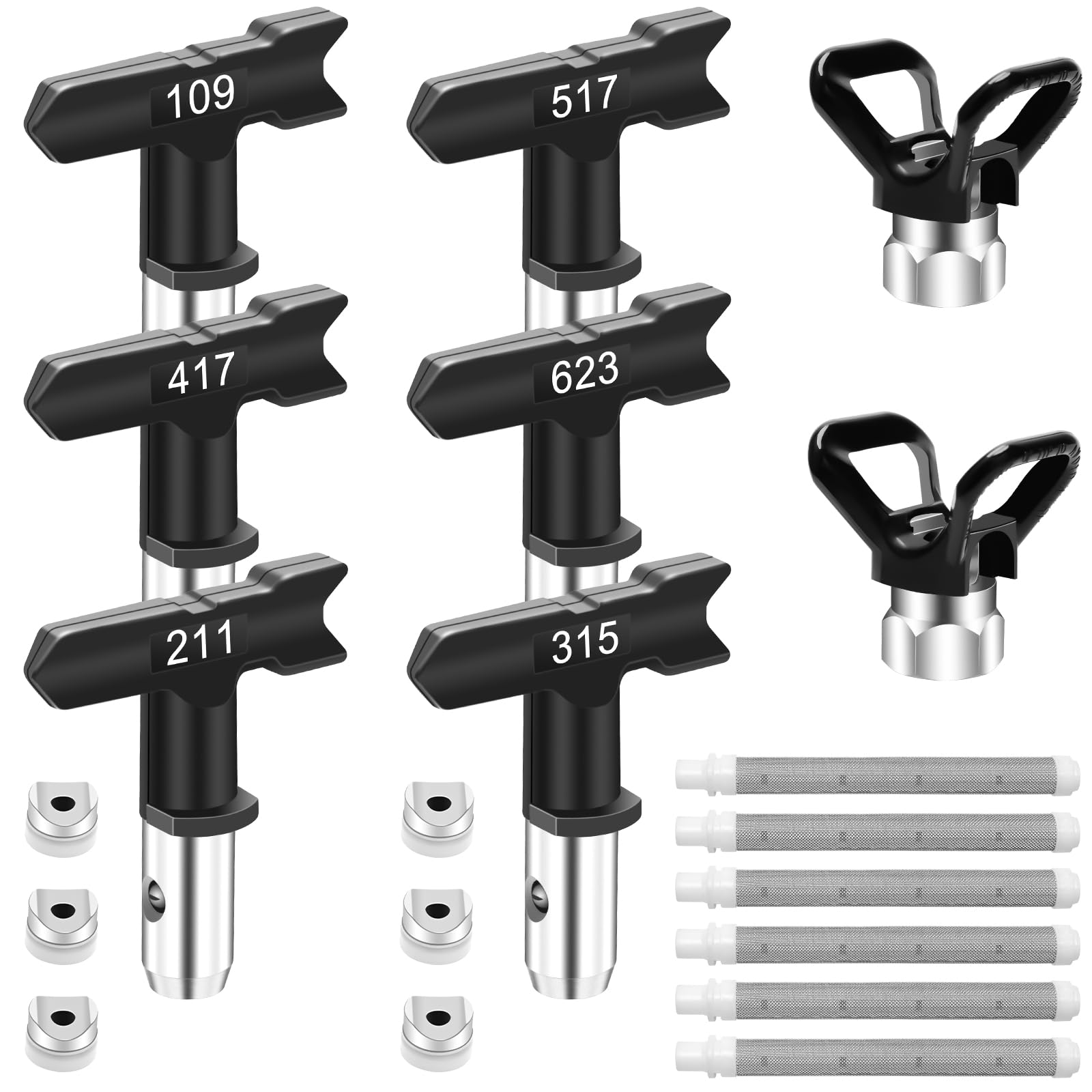 Anglecai 14 Pieces Airless Paint Sprayer Tips Set, 6 Reversible Spray Nozzles, 6 Airless Paint Spray Gun Filters, 2 Nozzle Tip Guards for Guns House