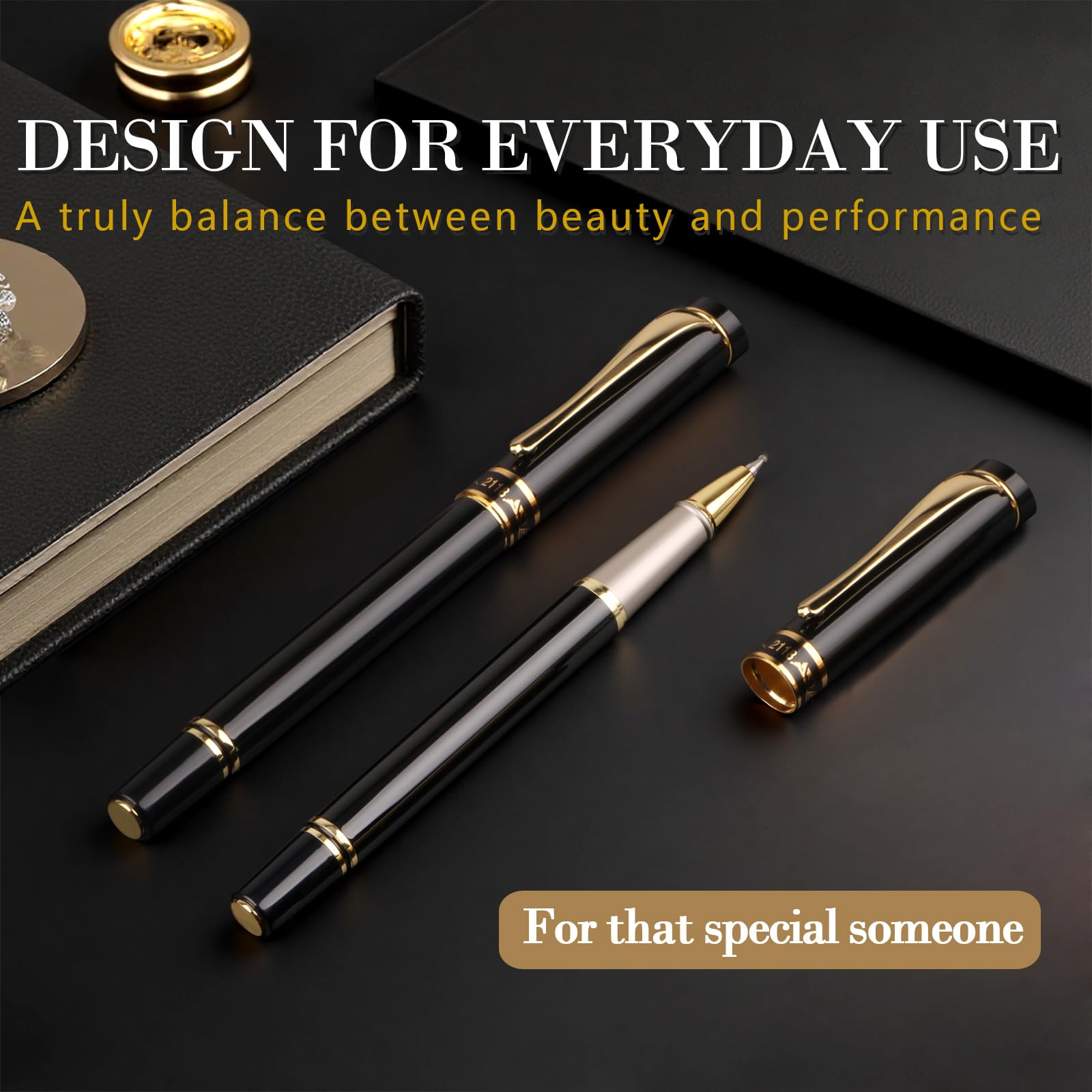 Luxuriöse Gel-Kugelschreiber, personalisierbar, schwarze Tinte, Set mit 2 austauschbaren Metallminen, ultraglattes Schreiberlebnis, perfekt für Geschenke, Geschäft, Büro