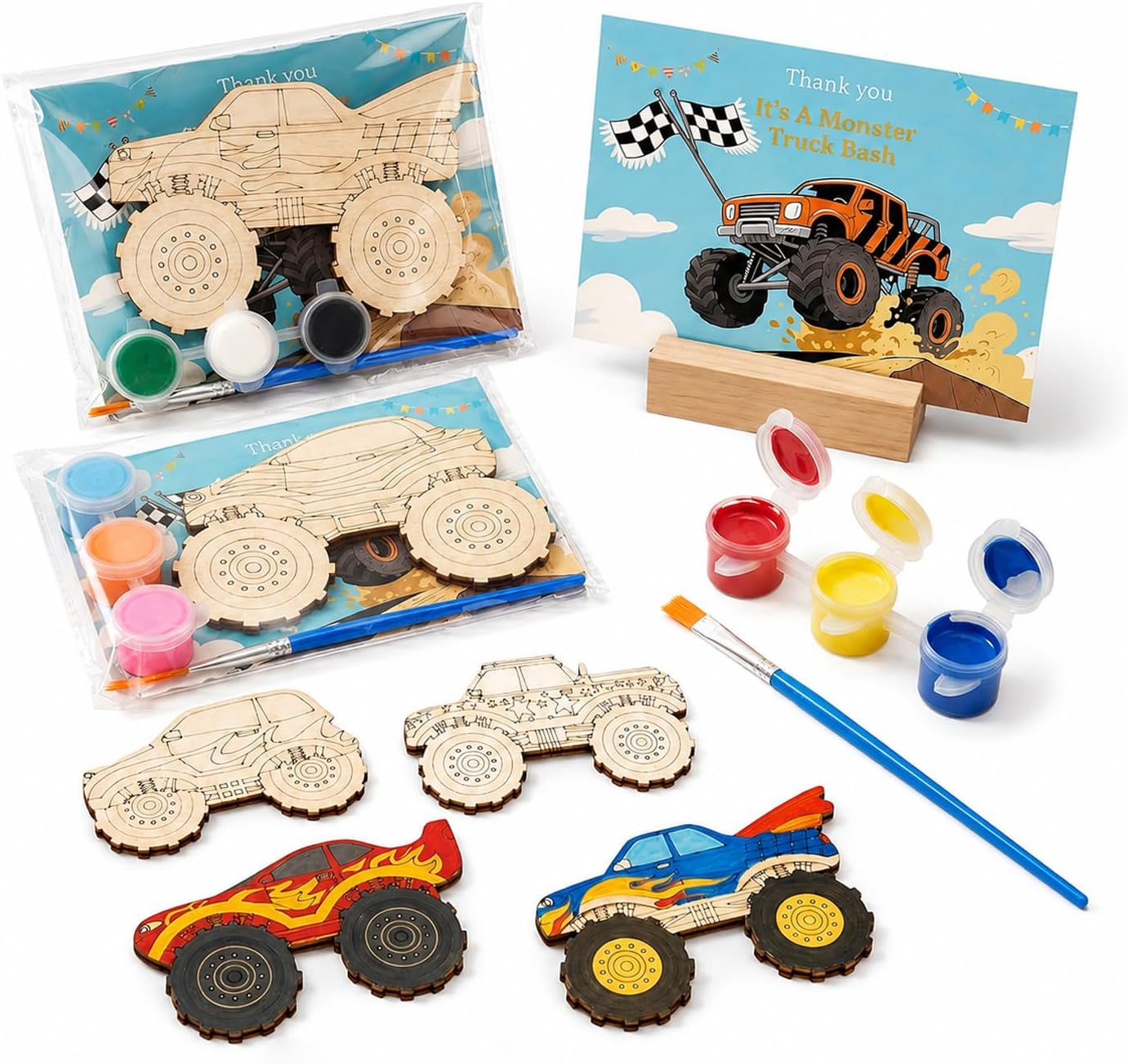 WORGO 24PCS Monster Truck Party Favors Wooden Painting Kit for 4-8 Kids