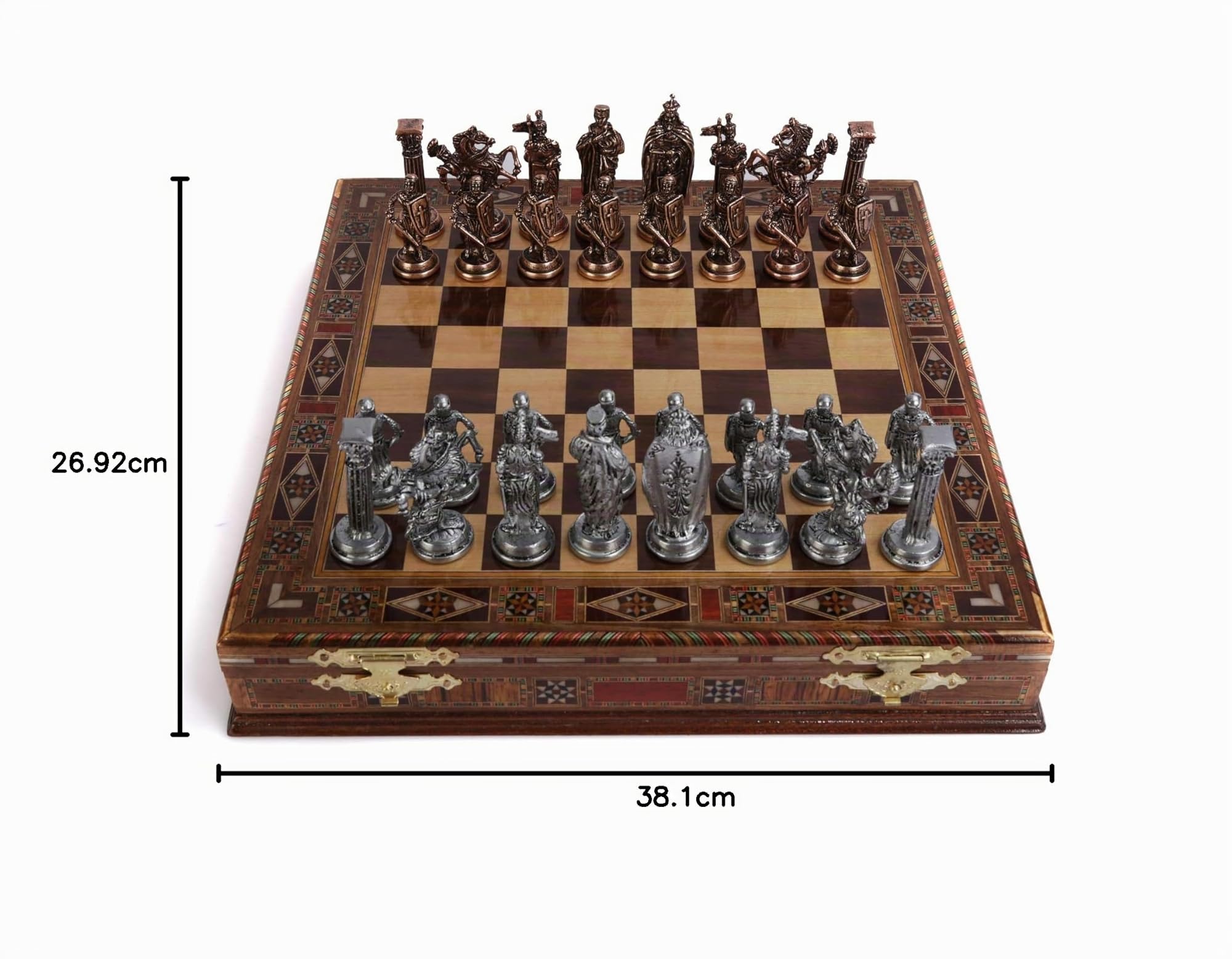 GiftHome Royal Medieval British Army Set di scacchi in metallo di rame antico per adulti pezzi fatti a mano e scacchiera in legno massello naturale con contenitore interno per letto king size 835 cm