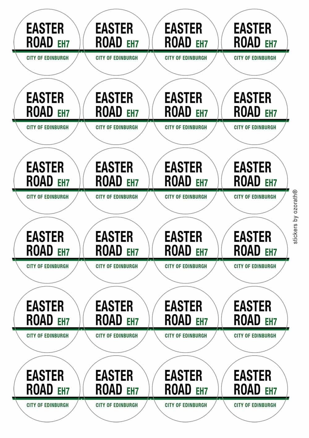 Easter Road EH7 Edinburgh Hibs Road Sign Circular Matt Paper Stickers A4 Sheet of 24 (Each Sticker is 45mm Diameter)