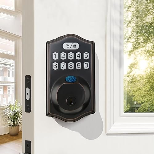 Yuehuam Cerradura de puerta de entrada sin llave con código, cerrojo de huellas dactilares, cerradura electrónica con teclado con 2 llaves,
